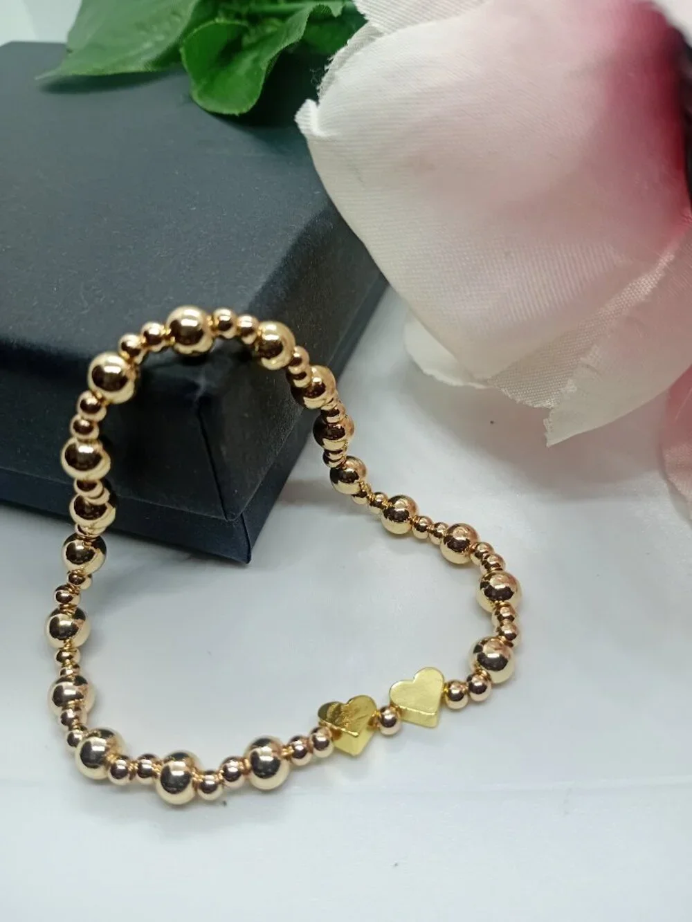 14K Gold Filled Stretch Bead Bracelet Gold Heart Charms 5MM / 3MM Stacks Women